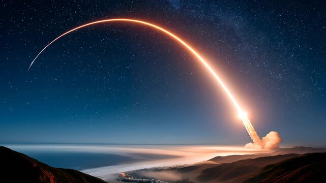 Rocket launches into night sky leaving bright glow and trail behind Generative AI