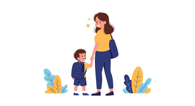 Caring mother holds her young sons hand as he prepares for school wearing a blue backpack and uniform on white background.