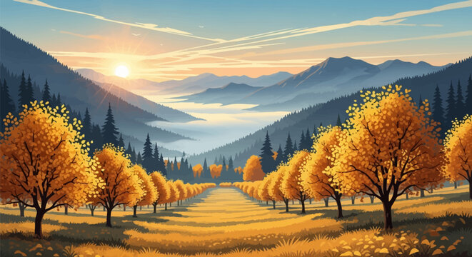 Autumnal mountain landscape vector illustration featuring rows of golden leaf trees in a valley with misty morning fog under a sunrise sky with pine forests and distant peaks.