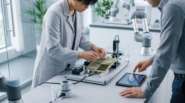 Scientists and engineers collaborating in high-tech laboratory, testing robotic components with precision instruments and digital tablets for advanced automation research and