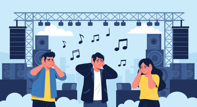 Three young people cover their ears to block out loud music notes in front of large speakers on a vibrant concert stage.