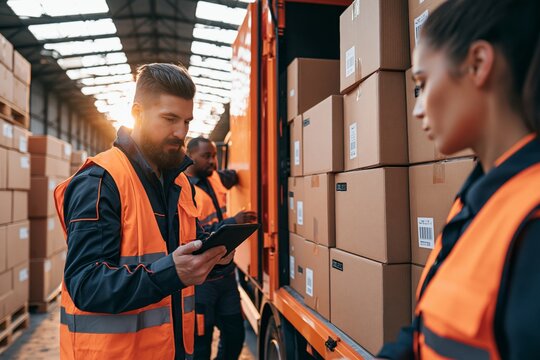 In a logistics retail warehouse, a worker loads cardboard boxes into a delivery van while a female boss uses a tablet computer. Online ordering and purchases