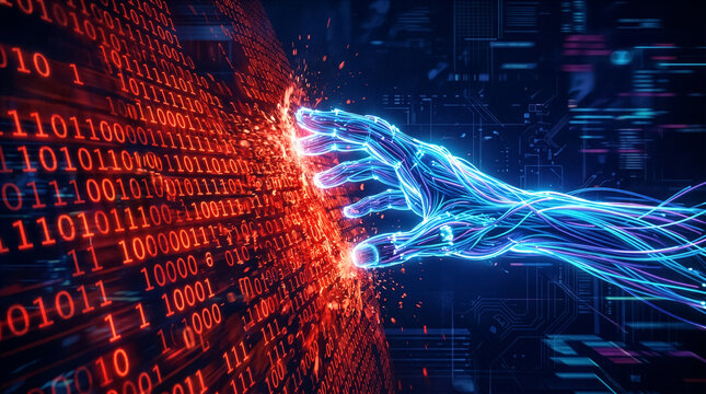 Abstract Digital Code Flow Emitting from Stylized Human Arm Conceptualizing Information Stream