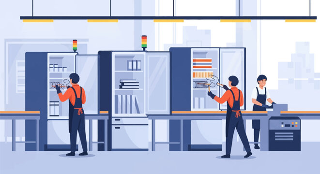 Vector illustration of industrial workers in overalls performing assembly and quality control on electronic units or laboratory refrigerators in a clean modern manufacturing facility.