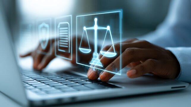 Hands typing on a laptop with legal icons appearing on the screen in a modern office setting during daytime