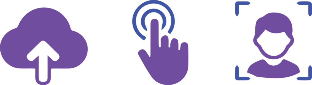 Modern vector icon set with cloud upload, hand touch cursor, and facial recognition scanner