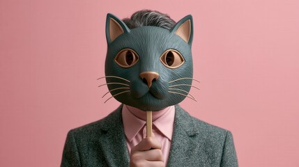 Quirky man in a business suit holding a cat mask over his face against a pink background.