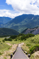 Fototapeta premium High altitude mountain peaks with green forest valley landscape