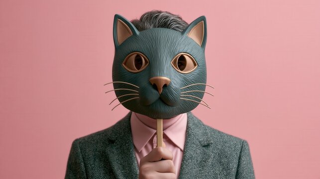 Quirky man in a business suit holding a cat mask over his face against a pink background.