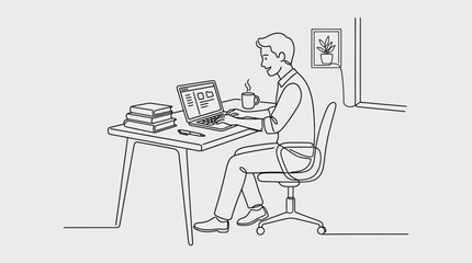 Fototapeta premium Line art of man working on laptop at desk, home office concept