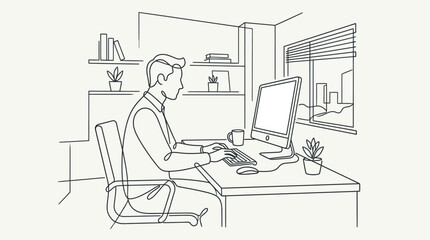 Fototapeta premium Line Art Workspace: Businessman Working at Desk, Sketch Style