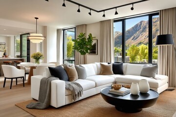 Fototapeta premium Modern living room with white sectional sofa and large windows showcasing mountain view