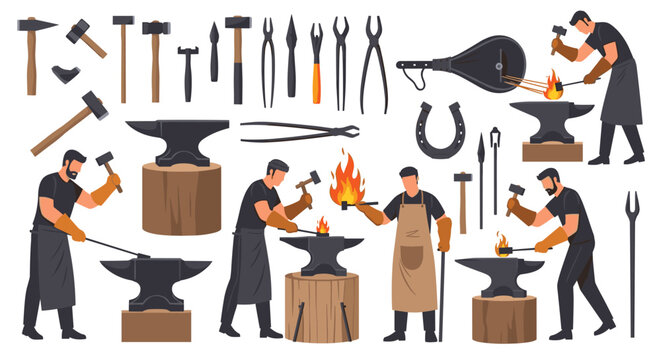 Set of blacksmiths working in a traditional forge using hammers, anvils, and fire to craft metal tools and horseshoes.