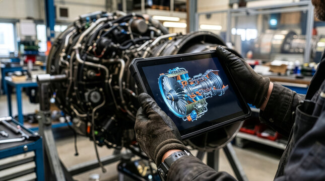 Machine Mechanic Inspecting Complex Engine Assembly on Digital Display in Industrial Facility