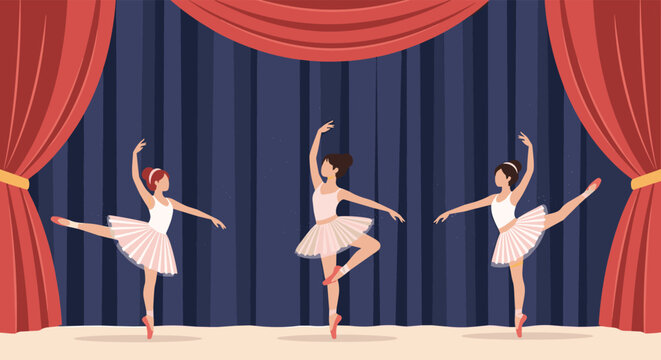 Three elegant ballerinas performing a synchronized dance routine on a theater stage with red curtains and a blue backdrop.