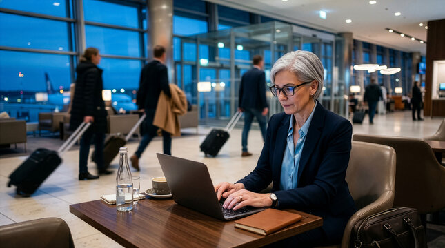 Seasoned Professional Utilizing Laptop in Bright Modern Public Atrium Space