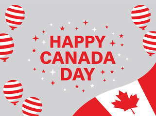 Obraz premium Festive Happy Canada Day Greeting with Red Striped Balloons and National Flag Maple Leaf on Gray Background for Patriotic Holiday Celebration