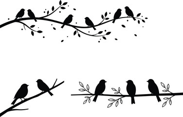 Fototapeta premium Decorative Bird Silhouette Set with Perched Birds and Romantic Couples on Tree Branch Vector Illustrations