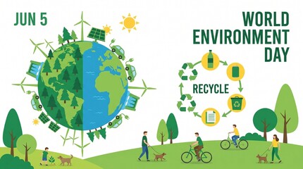 Naklejka premium Illustration of people engaging in eco-friendly activities on World Environment Day with a globe recycling symbol.