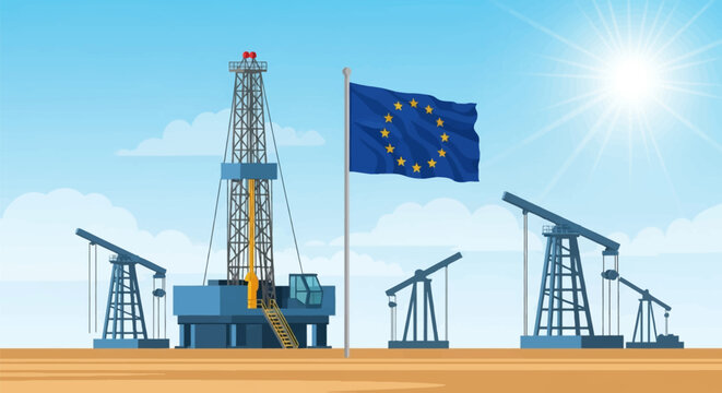 Vector illustration of an industrial oil and gas field featuring a drilling rig and multiple pumpjacks with a large European Union flag waving against a bright sunny blue sky.