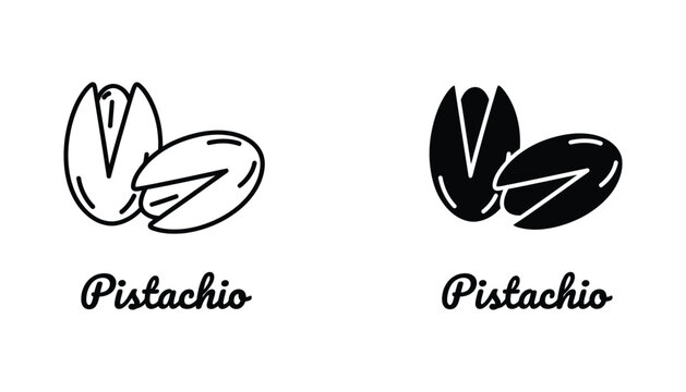 Set of minimalist pistachio nut icons with shell and kernel in outline and solid black styles for food design projects isolated on white background