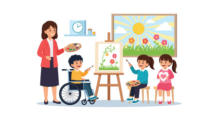 Diverse group of children including a boy in a wheelchair painting together under the guidance of a female art teacher in a bright studio. © Shonaly