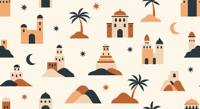 Seamless pattern showcasing traditional Middle Eastern architecture desert landscapes palm trees and celestial symbols.
