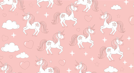 Adorable seamless background pattern of white unicorns with pink manes and hearts and clouds on a soft pink background for kids. © Shonaly