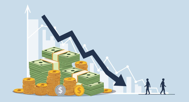 Conceptual graphic showing a large stack of money and coins with a prominent black arrow pointing downwards to show recession.
