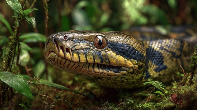 A close-up of a snake's head in a lush green forest with its mouth slightly open