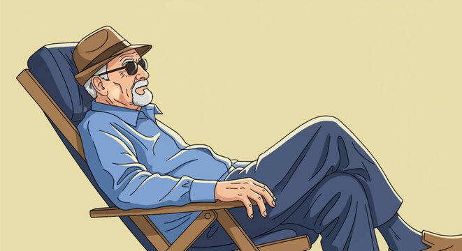 Vector illustration of an elderly man with a white goatee and sunglasses relaxing in a wooden lounge chair with a blue cushion, wearing a brown fedora hat and blue shirt.