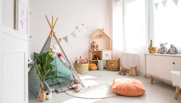 Cozy and Bright Childrens Playroom with Teepee.