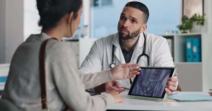 Doctor, patient and x ray with tablet screen, advice and medical review for bone fracture in office. Healthcare worker, people and talk with tech, radiology scan and opinion for injury recovery.