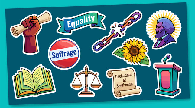 A collection of diverse stickers representing historical figures, symbols of equality, and documents related to social justice and civil rights.