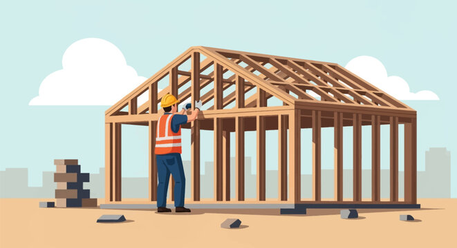 Male construction worker wearing a high-visibility safety vest and yellow hard hat assembling the timber frame and roof trusses of a new house on a clear day with clouds.