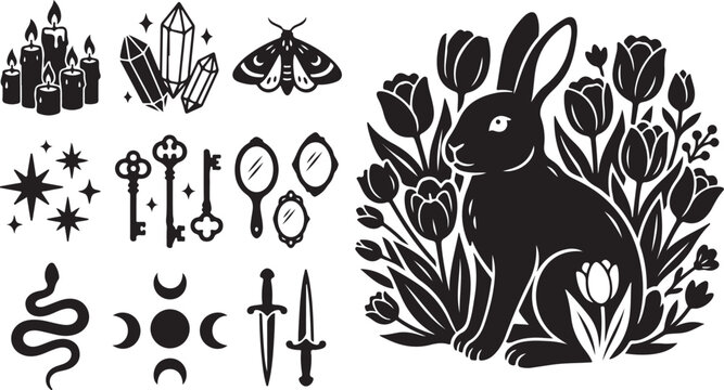 Whimsical black rabbit in floral fantasy setting illustration