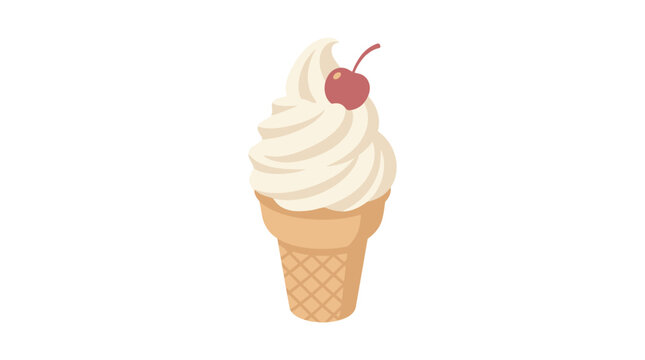 A delicious vanilla soft-serve ice cream cone topped with a bright red cherry, presented on a white background.