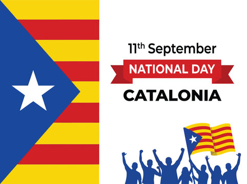 Catalonia National Day Graphic with Cheering People Silhouettes and Independence Flag on White Background for Regional Pride and Identity Concept