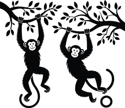 Two cartoon monkeys hanging from tree branches animal