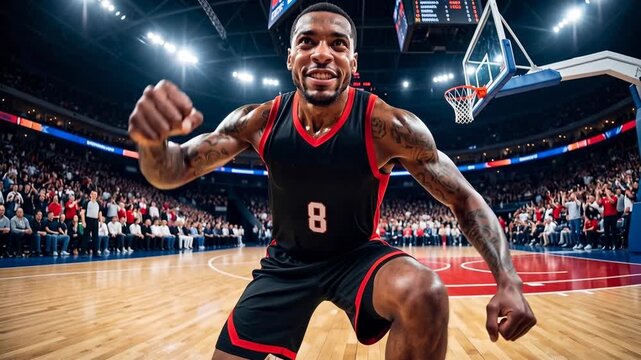 Basketball player celebrating a victory on the court with a roaring crowd. A triumphant basketball player pumps his fist in the air, celebrating a win amidst a cheering audience