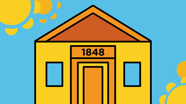 A simple, stylized illustration of a yellow house with the number 1848 above the door, set against a bright blue sky with stylized yellow suns.