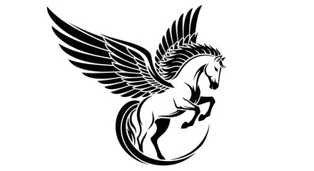 Majestic Pegasus mythical winged horse black and white illustration. © Nuer17