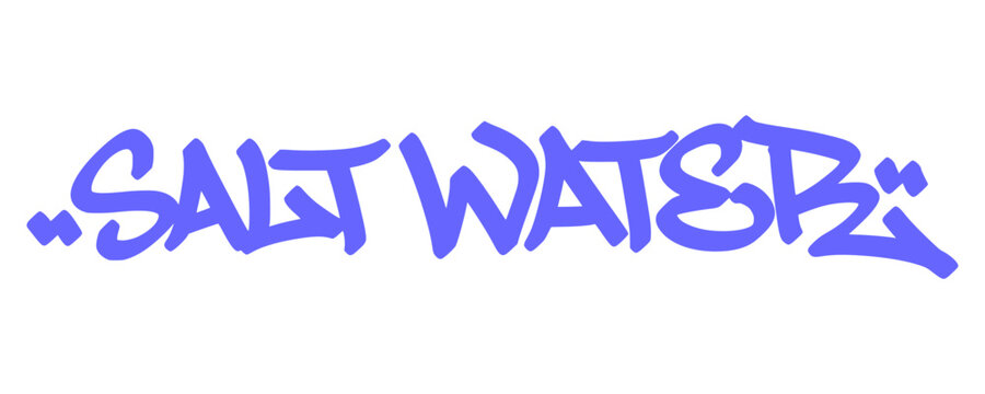 Dark blue salt water graffiti tag lettering with smooth continuous horizontal accent lines. Bold marine lifestyle typography design for organic surf clothing brands, beach merchandise, and stickers.