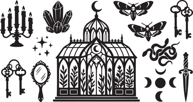 Mysterious Gothic Cage with Magical Objects Surrounding It