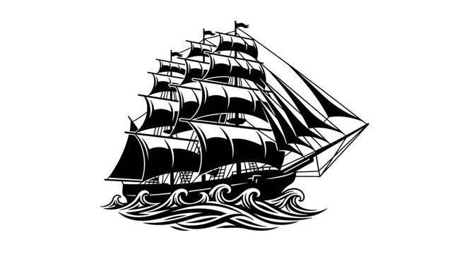 Vintage Sailing Ship on Waves Black and White Illustration.