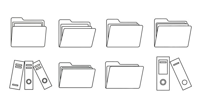 Outline drawings of filing folders and binders in a row on white