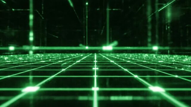 Glowing green digital grid on dark background perspective.