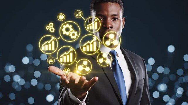 Businessman with glowing data icons perfect for executive summaries and corporate branding