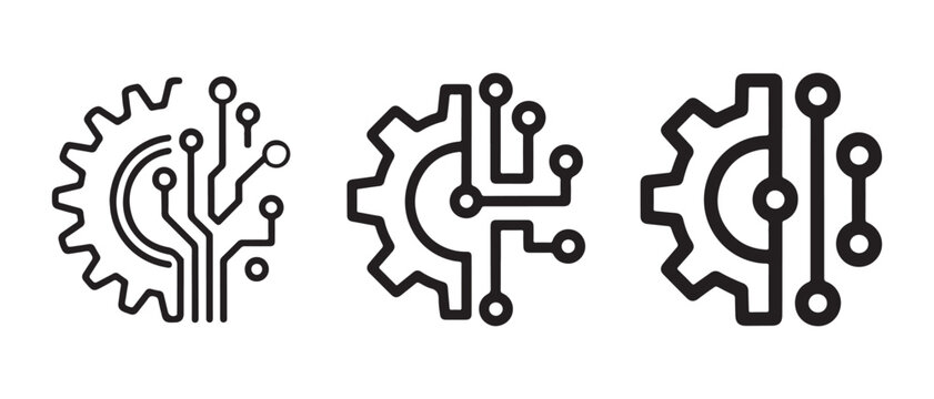 Black gear icons with digital circuit board patterns representing technology and engineering.