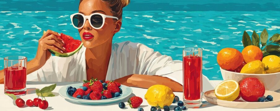 Young woman eating watermelon and fresh fruit at the poolside on a sunny summer day